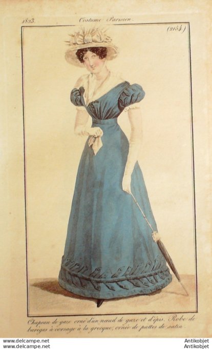 Gravure de mode Costume Parisien 1823 n°2154 Robe de Barèges à corsage
