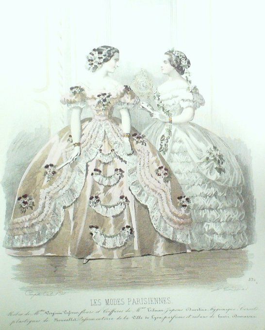 Gravure Les Modes Parisiennes 1859 # 831 Robes de Cour Maison Vafseno