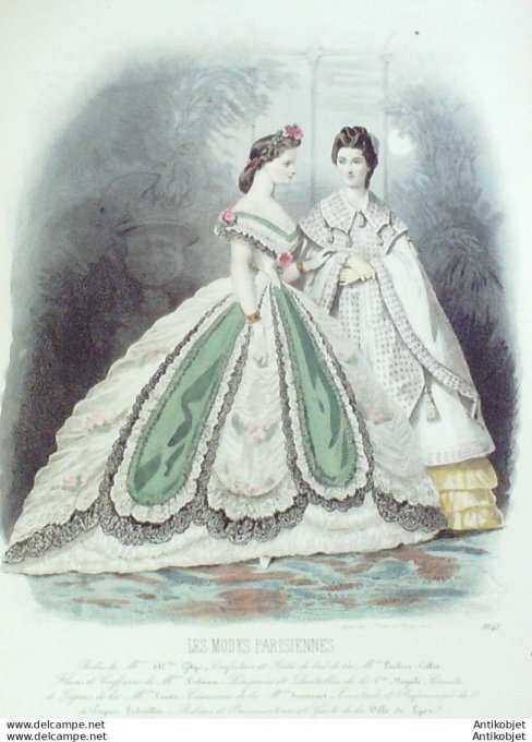 Gravure Les Modes Parisiennes 1863 #1041 Robes de bal satin Maison Ghys