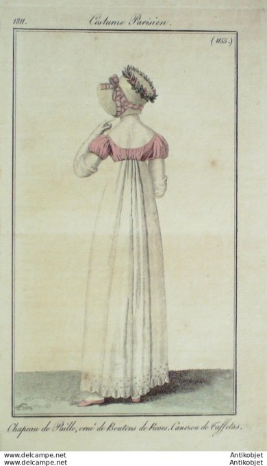Gravure de mode Costume Parisien 1811 n°1154 Robe et capote de Perkale & tulle