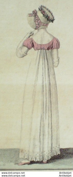 Gravure de mode Costume Parisien 1811 n°1154 Robe et capote de Perkale & tulle