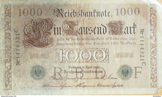 Billet de Banque Allemagne 1000 Mark Cachet vert, "D", série B. Ros 46b 1910