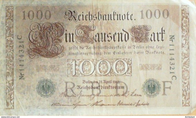 Billet de Banque Allemagne 1000 Mark Cachet vert, "D", série B Ros 46b 1910