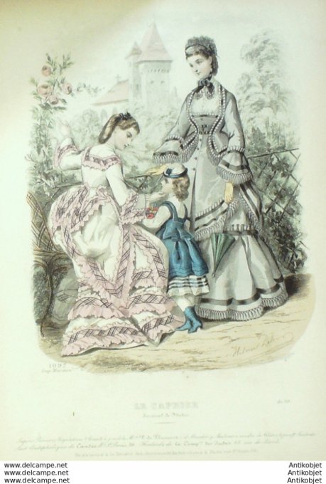 Gravure  de mode Costume Parisien 1820 n°1877 Robe de perkale garnie de mousseline