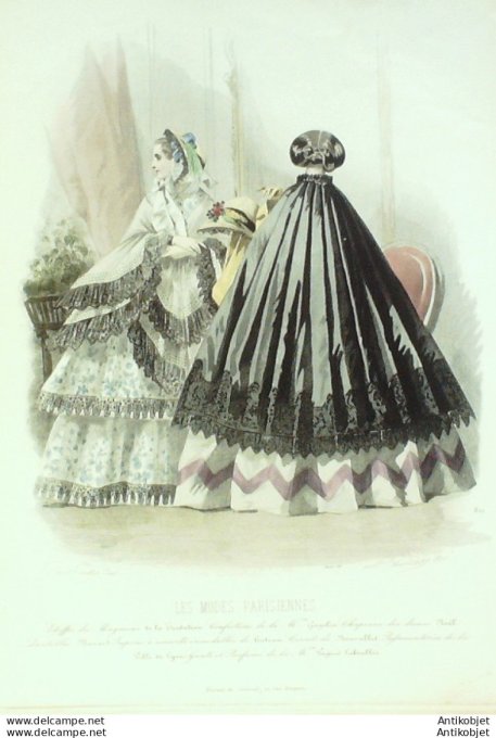 Gravure Les Modes Parisiennes 1858 # 811 Robes en soie Maison Gagelin