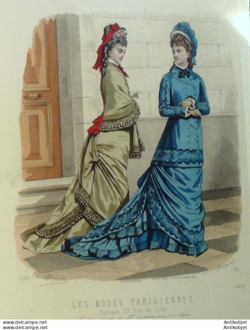 Gravure Les Modes Parisiennes 1877 #1715 Robes Madras tissu magasins de la Paix at