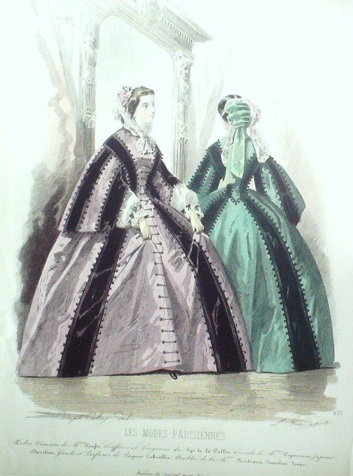 Gravure Les Modes Parisiennes 1859 # 833 Robes satin Maison Poufse