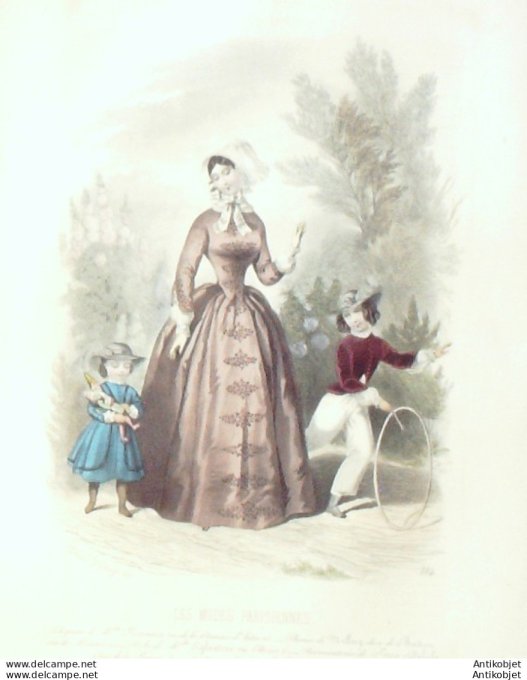 Gravure Les Modes Parisiennes 1846 # 184 Costumes enfants Maison Eglantine