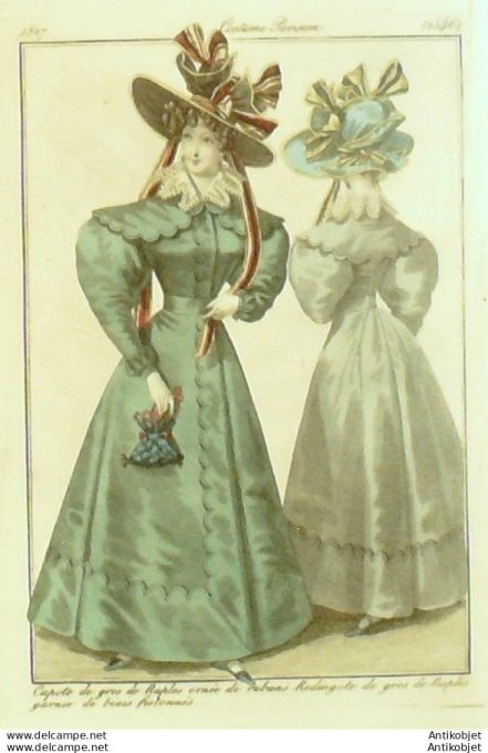 Costume Parisien 1827 # 2546 Redingote de gros de Naples garnie