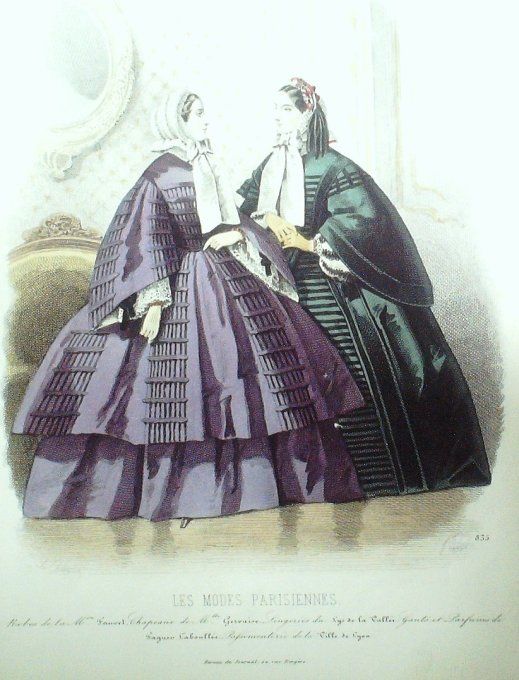 Gravure Les Modes Parisiennes 1859 # 835 Robes & mantelets Maison Fauvet
