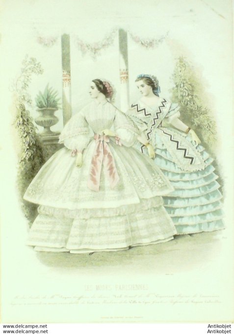 Gravure Les Modes Parisiennes 1858 # 812 Robes de bal Maison Payan