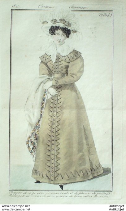 Gravure de mode Costume Parisien 1825 n°2314C Redingote de soie et satin