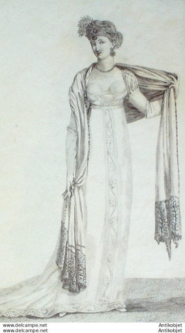 Gravure de mode Costume Parisien 1805 n° 628 (An 13) Robe brodée
