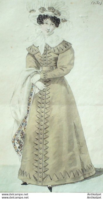 Gravure de mode Costume Parisien 1825 n°2314C Redingote de soie et satin