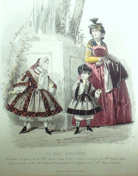 Gravure Les Modes Parisiennes 1859 # 836 Costumes enfants Maison Royéo
