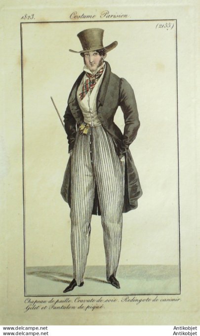 Gravure de mode Costume Parisien 1823 n°2155 Redingote casimir homme  gilet piqué
