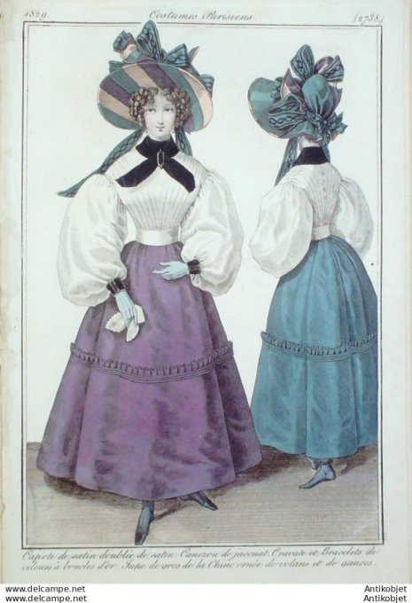 Gravure de mode Costume Parisien 1829 n°2738 Jupe gros de Chine volants gances