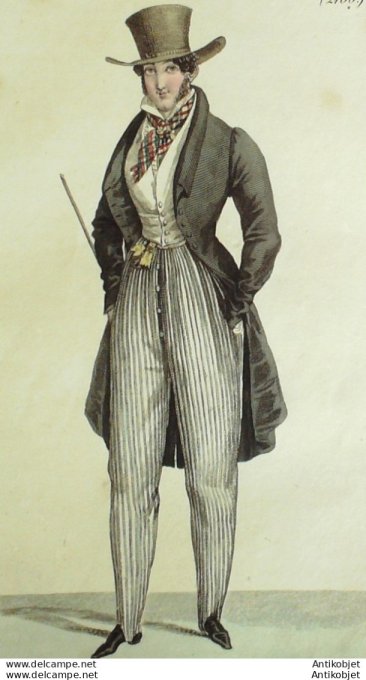 Gravure de mode Costume Parisien 1823 n°2155 Redingote casimir homme  gilet piqué