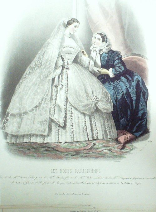 Gravure Les Modes Parisiennes 1859 # 837 Robes de Mariée Maison Fauvet