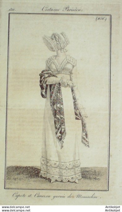 Gravure de mode Costume Parisien 1811 n°1156 Capote & Canezou mousseline
