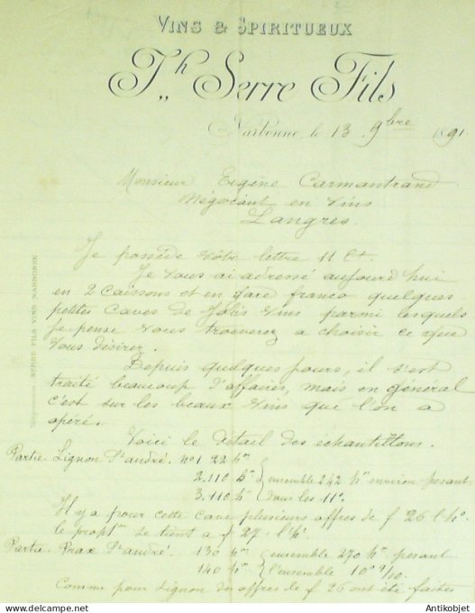 Facture TH.Serre fils (Vins Spiritueux) 1891 à Narbonne (66)