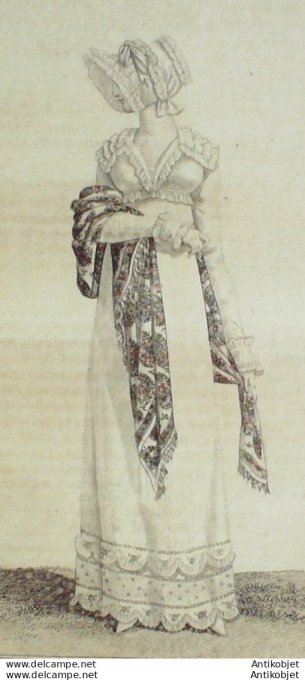 Gravure de mode Costume Parisien 1811 n°1156 Capote & Canezou mousseline