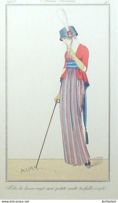 Gravure de mode Costume Parisien 1913 pl.095 BETTY B Robe de linon