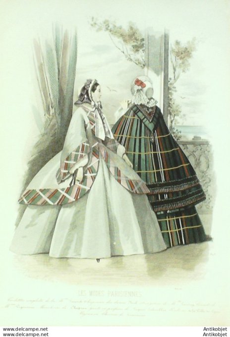 Gravure Les Modes Parisiennes 1858 # 813 Robes en madras Maison Fauvet