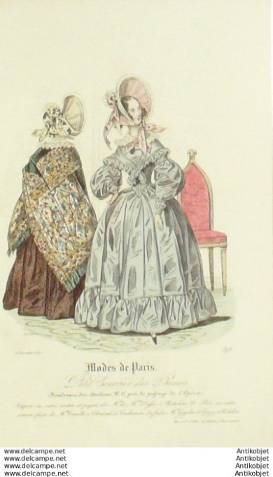 Gravure Mode Courrier des Dames 1837 # 1398 (eau forte old Fashion plate)