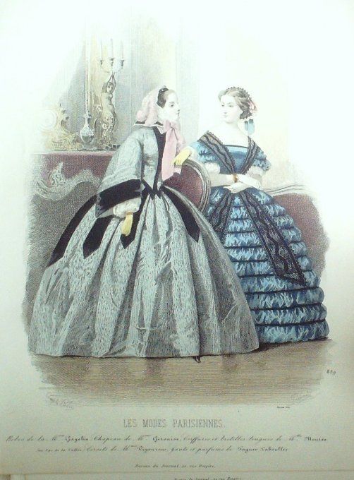 Gravure Les Modes Parisiennes 1859 # 839 Robes coton Maison Gagelin