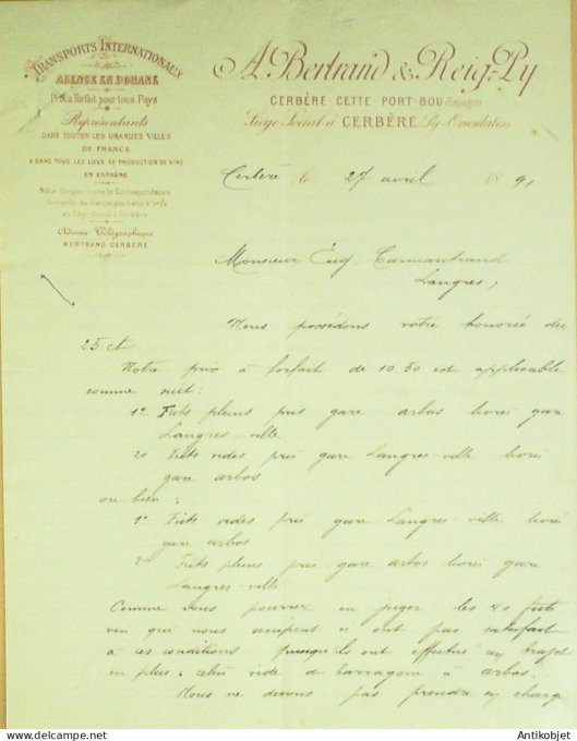 Lettre Ciale A.Bertrand & Reig-Ly (Transports) 1891 à Cerbère (66)