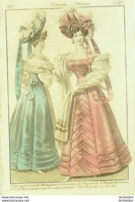 Costume Parisien 1827 # 2548 Robe de moire ornée de rouleaux