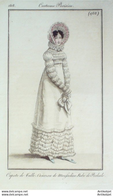 Costume Parisien 1818 # 1738 Canezou mousseline robe Perkale