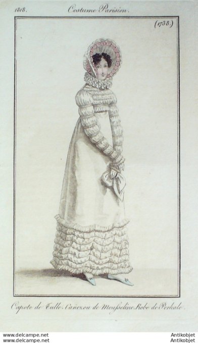 Gravure de mode Costume Parisien 1818 n°1738 Canezou mousseline robe Perkale