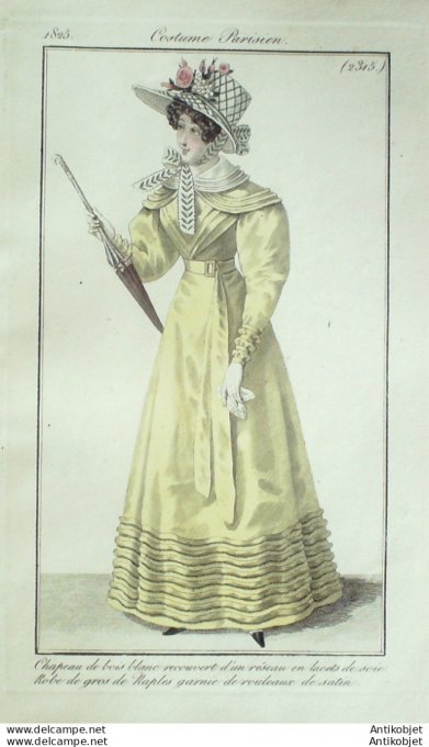 Gravure de mode Costume Parisien 1825 n°2315 Robe gros de Naples & satin