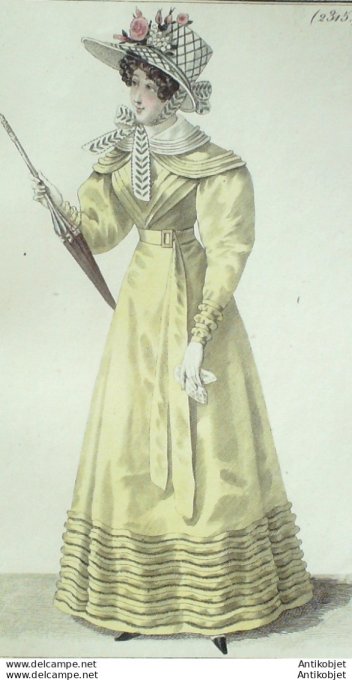 Gravure de mode Costume Parisien 1825 n°2315 Robe gros de Naples & satin