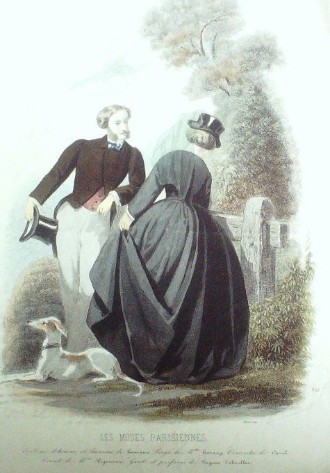 Gravure Les Modes Parisiennes 1859 # 842 Amazone costume piuqua Maison Haumann chien