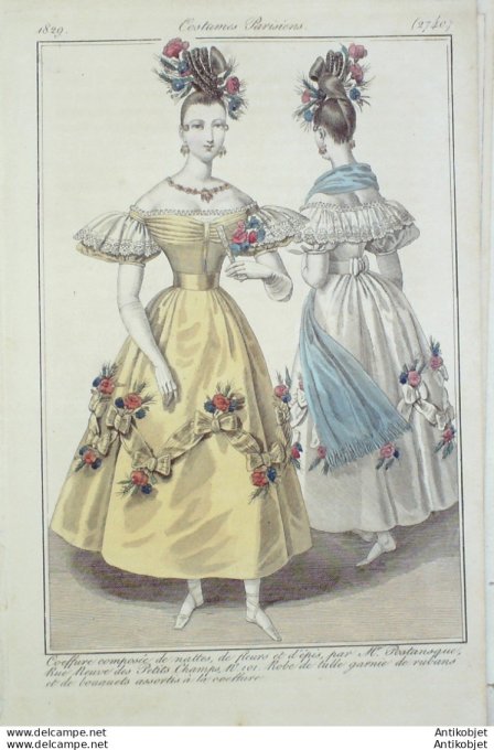 Gravure de mode Costume Parisien 1829 n°2740 Robe tulle garnie rubans