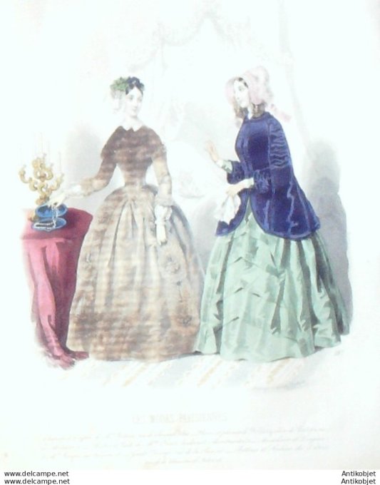 Gravure Les Modes Parisiennes 1846 # 187 Robes velours Maison Olmer