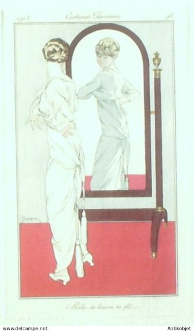 Gravure Costume Parisien 1913 # 98 Drian Adrien Etienne  Etienne (eau forte) Robe de Linon