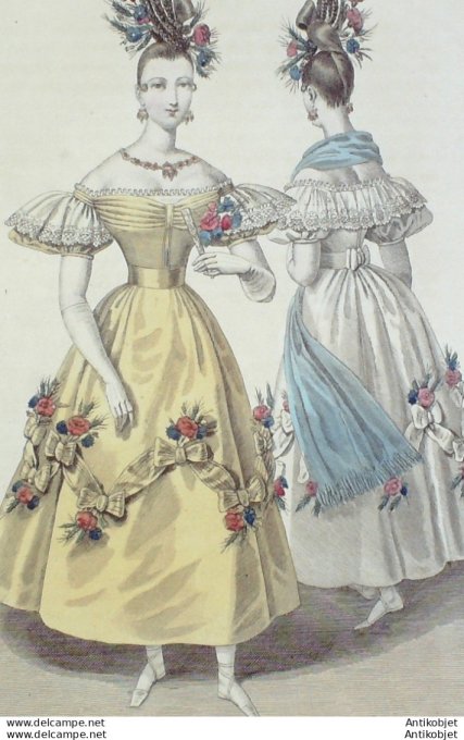 Gravure de mode Costume Parisien 1829 n°2740 Robe tulle garnie rubans