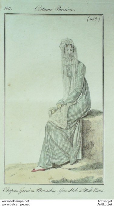 Gravure de mode Costume Parisien 1811 n°1158 Gaze robe à mille raies