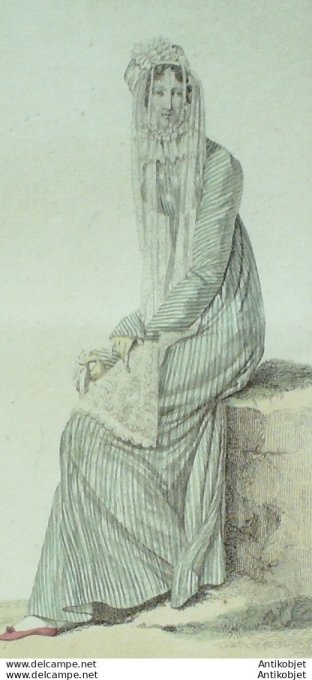 Gravure de mode Costume Parisien 1811 n°1158 Gaze robe à mille raies