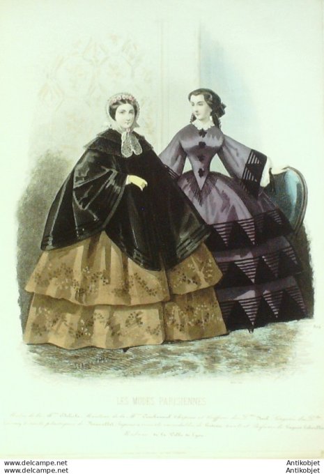 Gravure Les Modes Parisiennes 1858 # 814 Robes velours Maison Delisle