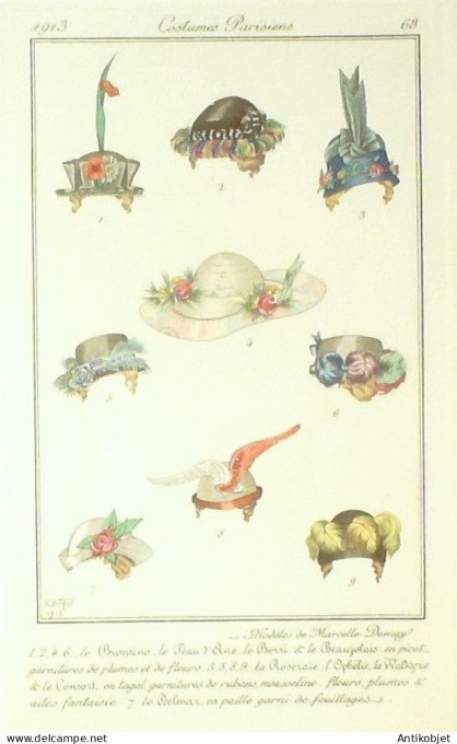 Gravure Mode Costume Parisien 1913 #   68 Berty B Bronzino (eau forte)