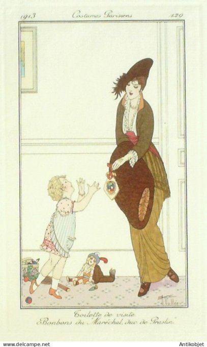 Gravure Mode Costume Parisien 1913 # 129 Vallee Armand (eau forte)