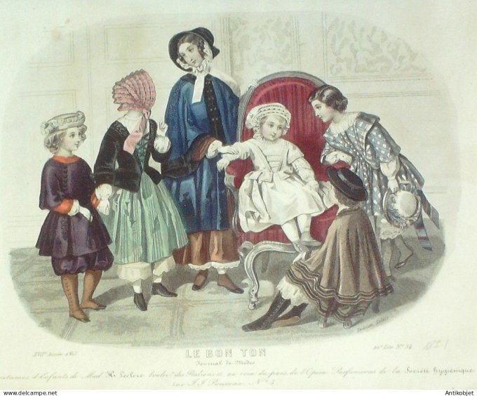 Gravure Mode Le Bon Ton 1851 18 #  34b (aquarelle old fashion plate)