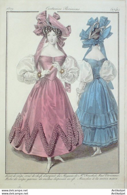 Gravure de mode Costume Parisien 1829 n°2741 Robe crêpe garnie de ruches