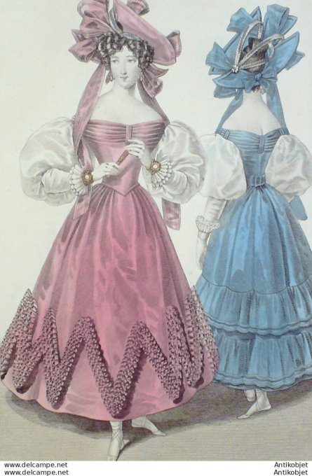 Gravure de mode Costume Parisien 1829 n°2741 Robe crêpe garnie de ruches