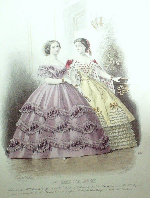 Gravure Les Modes Parisiennes 1859 # 846 Robes de bal Maison Fauvet